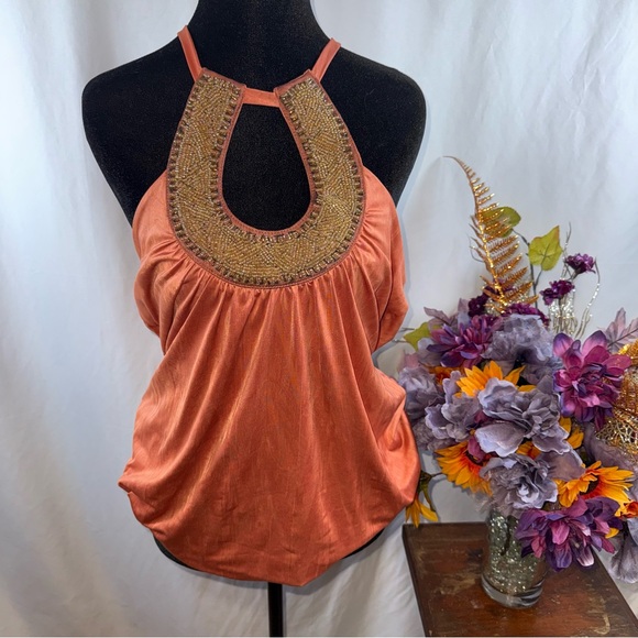 Studio Y Tops - Studio Y Rust Beaded Halter Top Gold Embellished Boho Festival